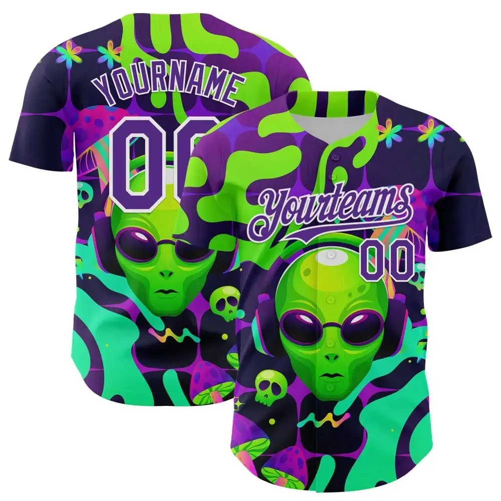 Custom Black Purple-White 3D Pattern Design Trippy Skull Alien Authentic Baseball Jersey Image