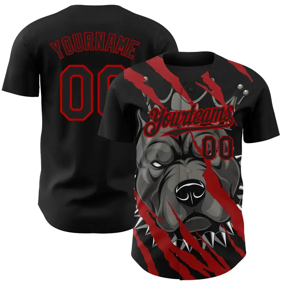 Custom Black Red 3D Pattern Design Animal Pitbull Dog Authentic Baseball Jersey Image