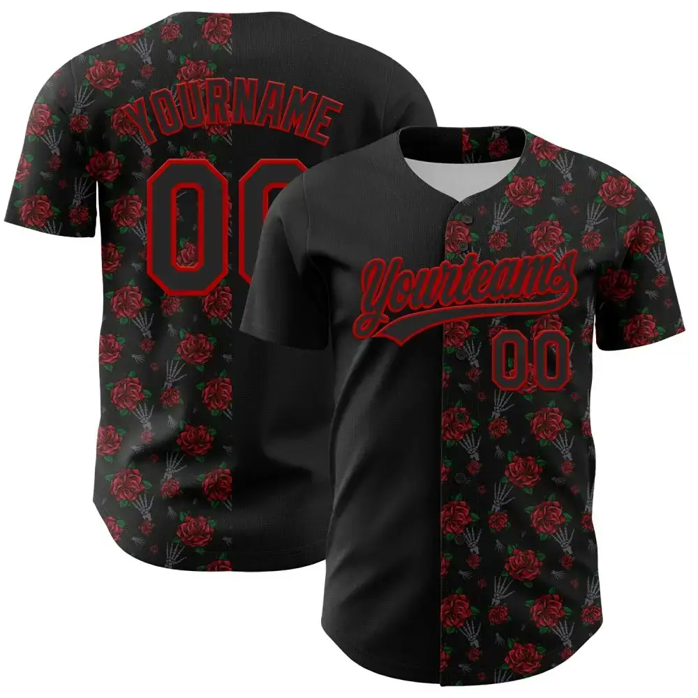 Custom Black Red 3D Pattern Design Gothic Style Rose Authentic Baseball Jersey Image