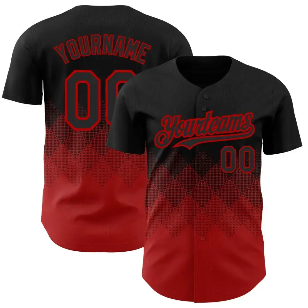 Custom Black Red 3D Pattern Design Gradient Square Shapes Authentic Baseball Jersey Image