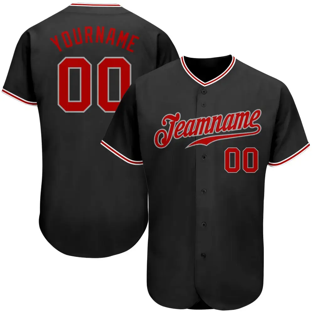 Custom Black Red-Gray Authentic Baseball Jersey Image