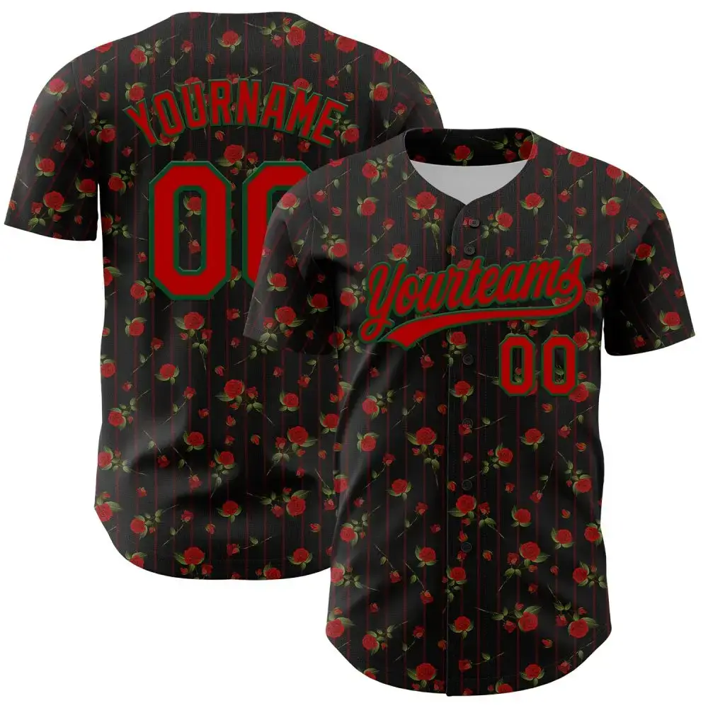 Custom Black Red-Green 3D Pattern Design Gothic Style Rose Authentic Baseball Jersey Image