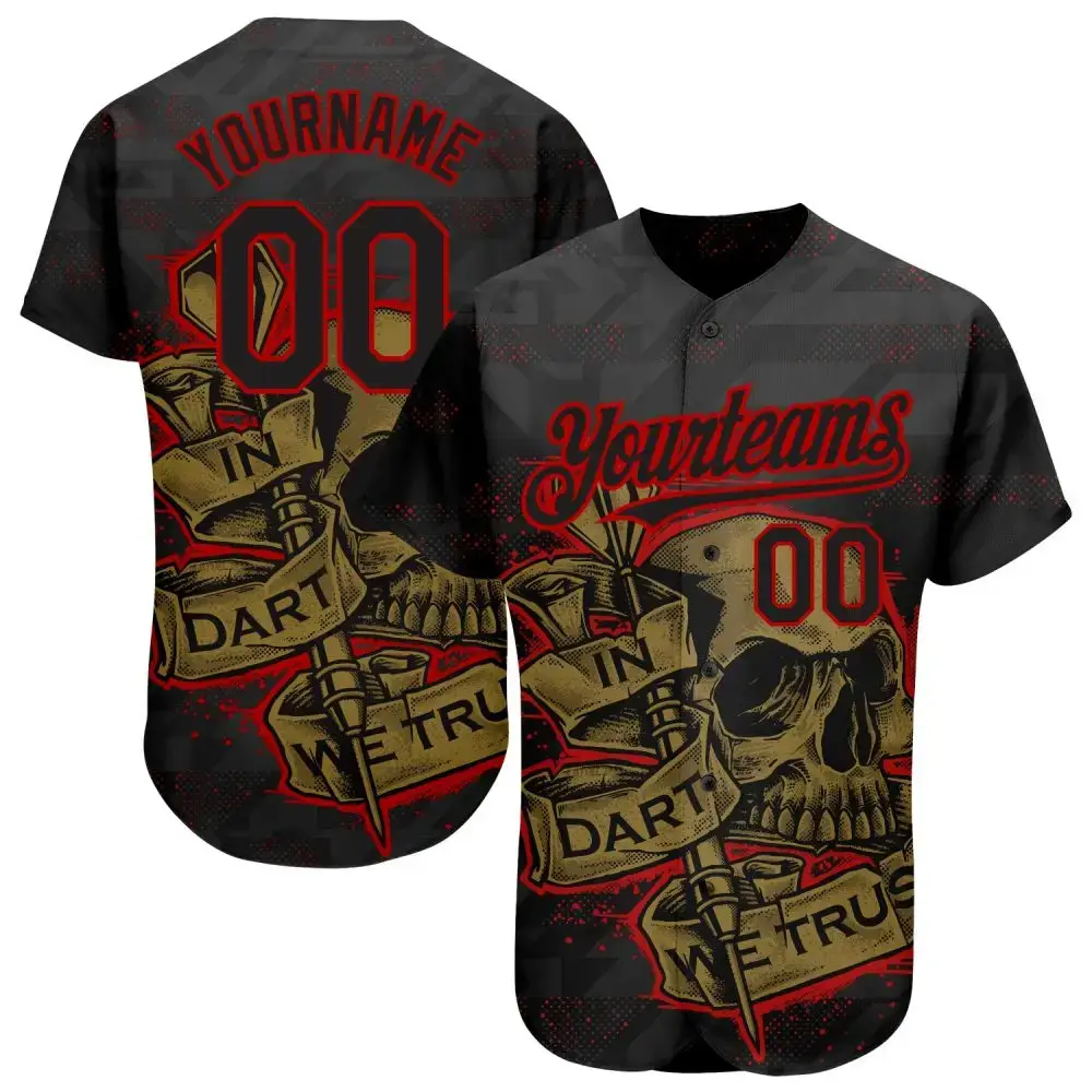 Custom Black Red-Old Gold 3D Pattern Design In Dart We Trust Authentic Baseball Jersey Image