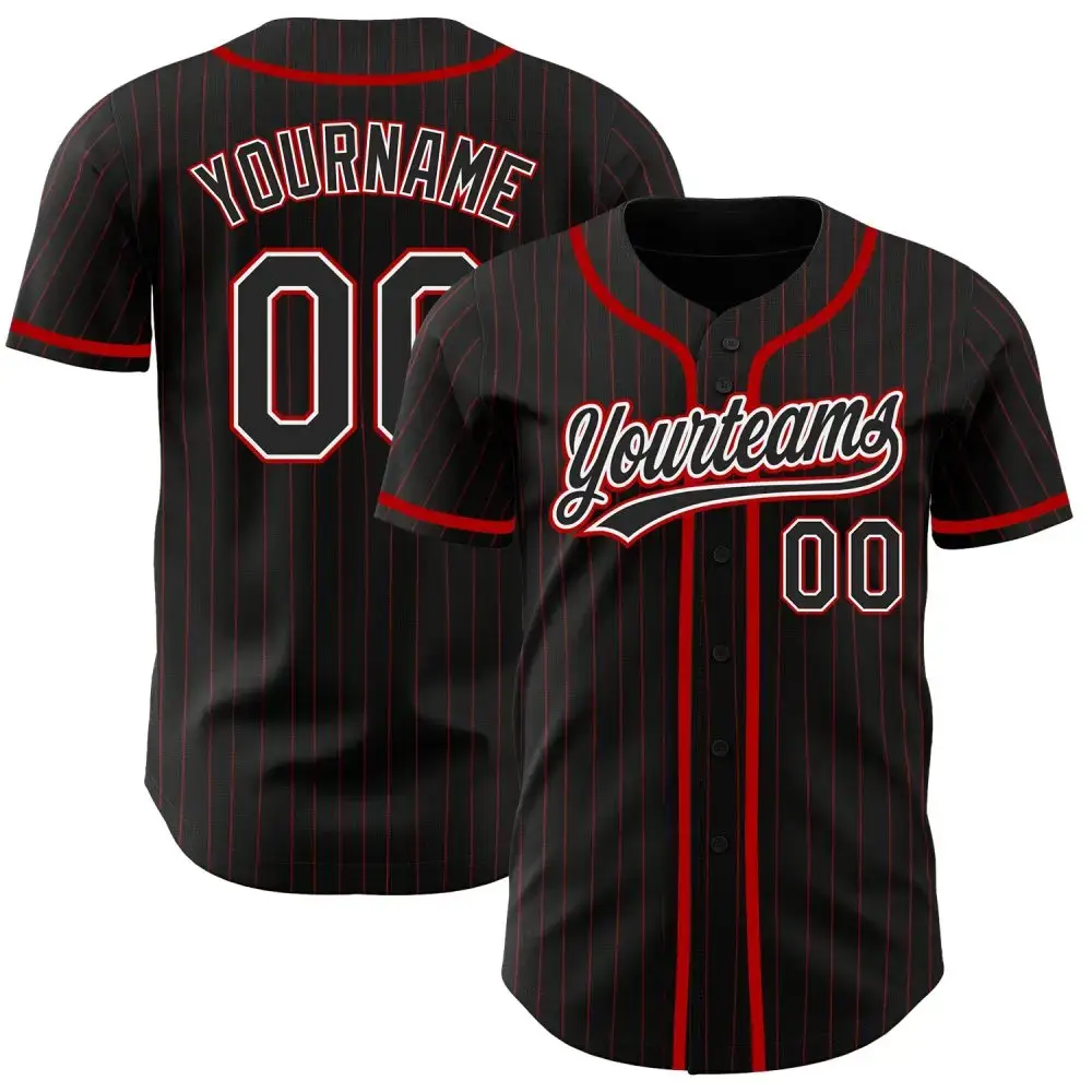 Custom Black Red Pinstripe Black Authentic Baseball Jersey Image