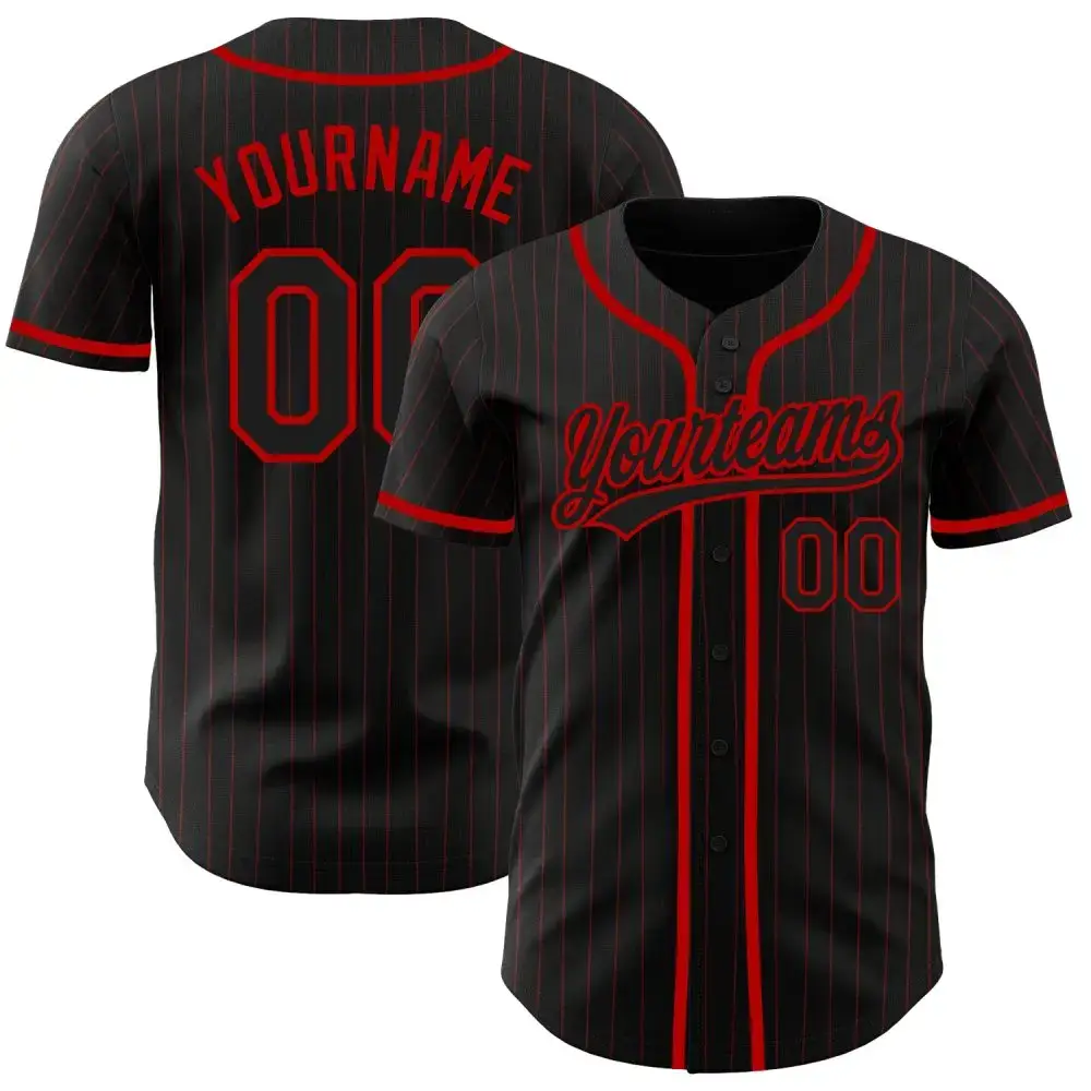 Custom Black Red Pinstripe Black Authentic Baseball Jersey Image