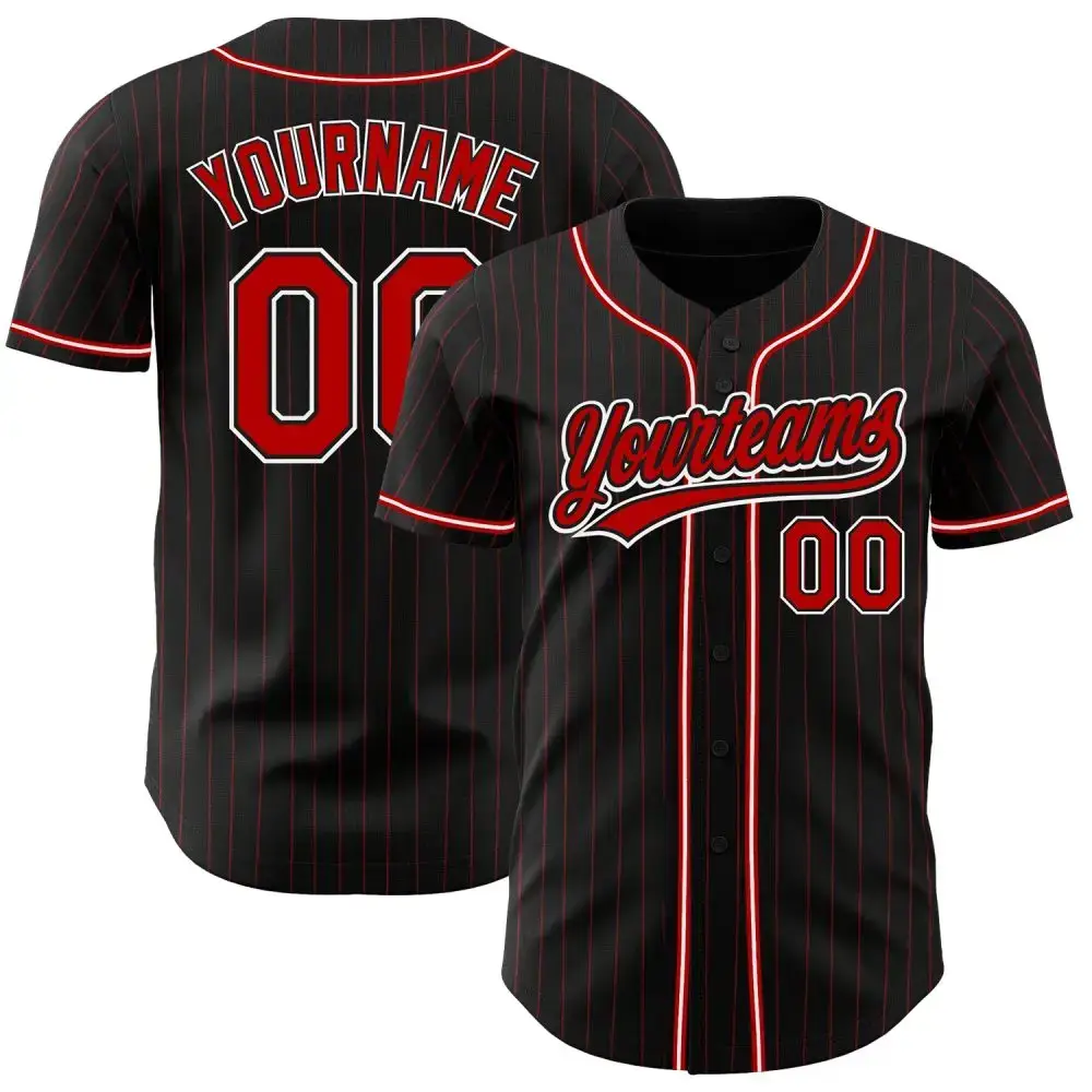 Custom Black Red Pinstripe Red-White Authentic Baseball Jersey Image