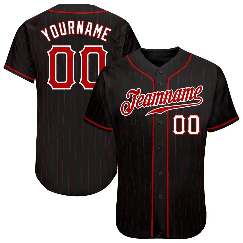 Custom Black Red Pinstripe Red-White Authentic Baseball Jersey Image