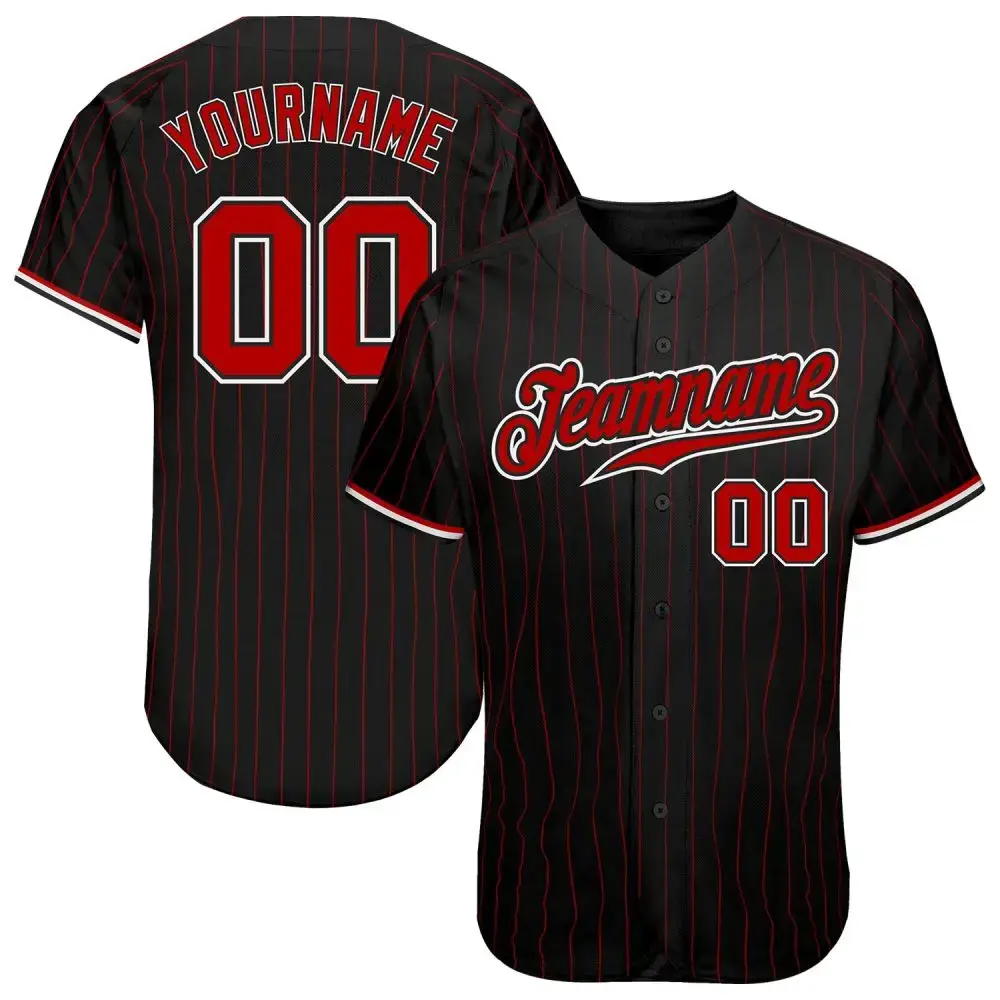 Custom Black Red Pinstripe Red-White Authentic Baseball Jersey Image