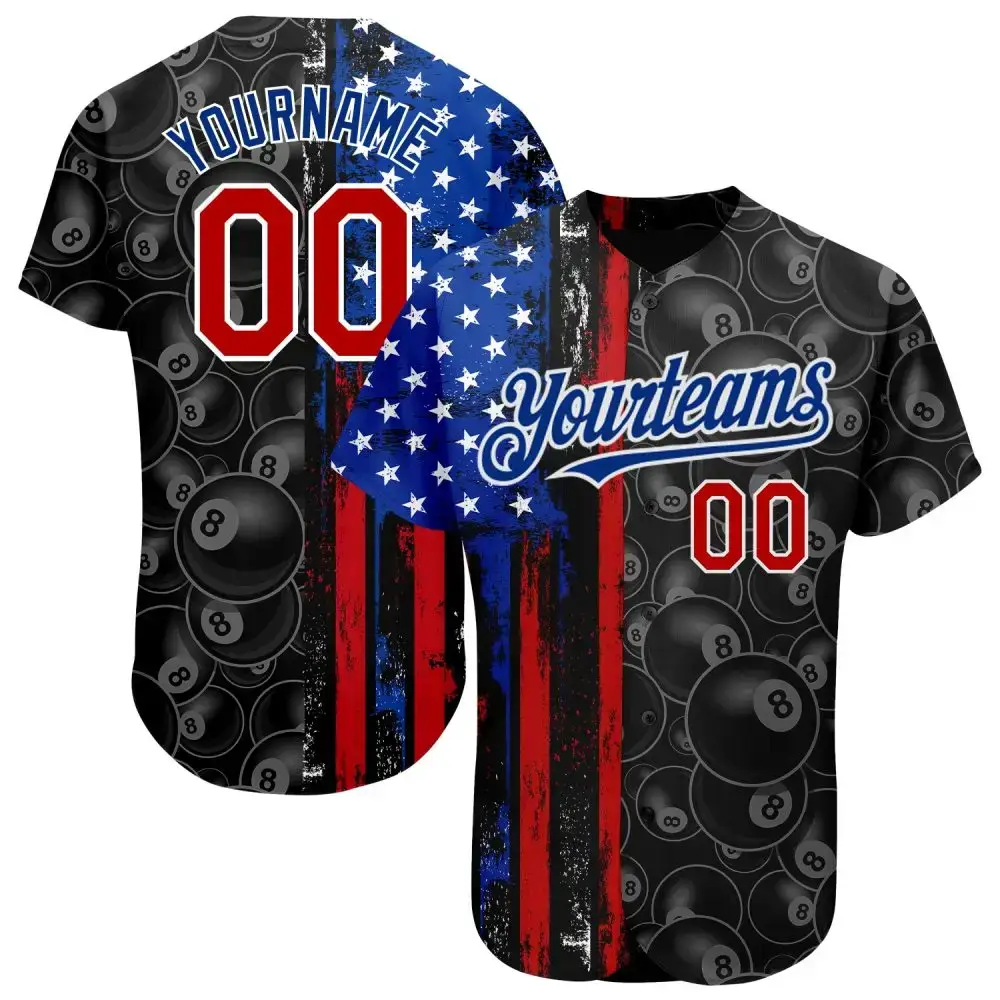 Custom Black Red-Royal 3D Pattern Design Billiards Snooker 8 Ball American Flag Authentic Baseball Jersey Image