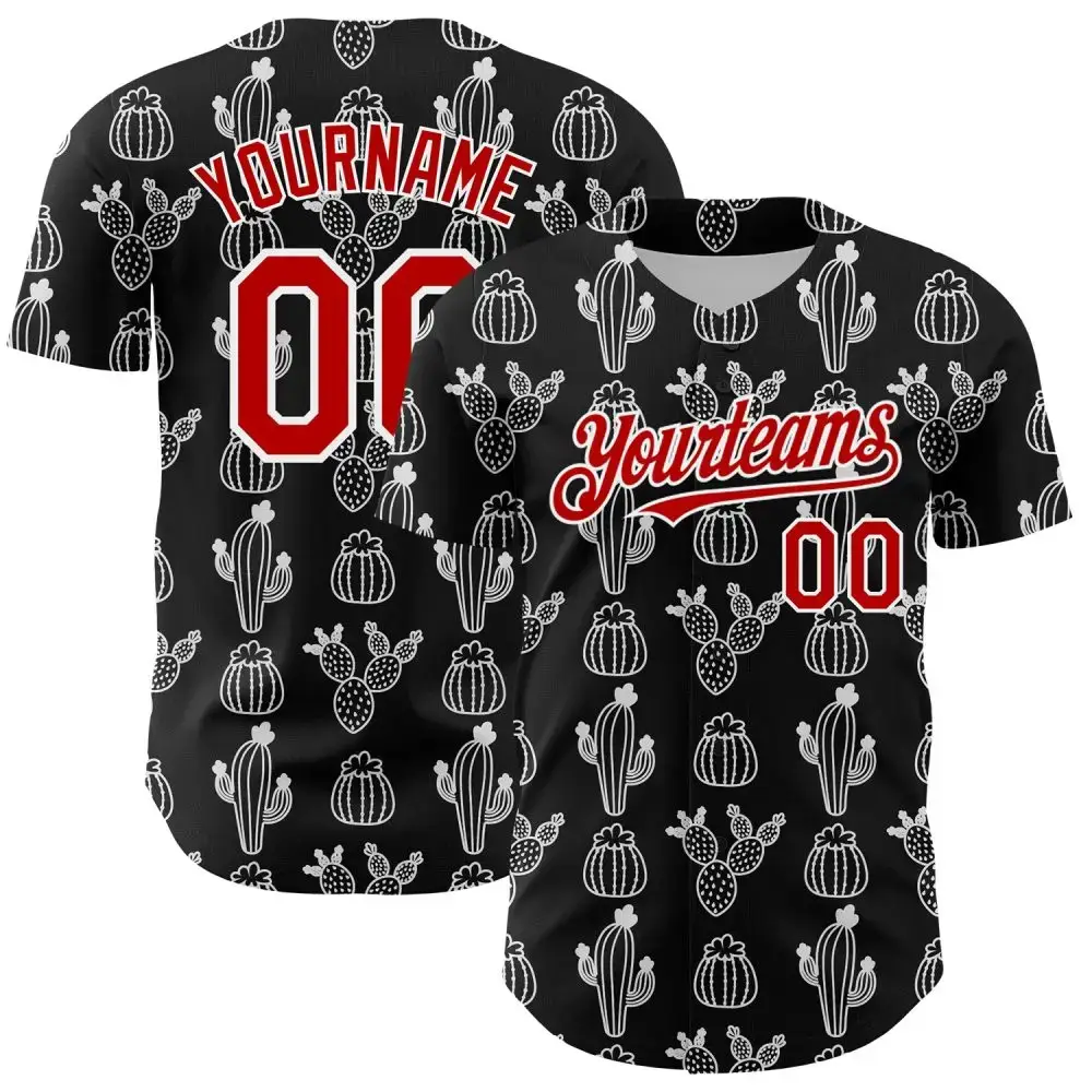 Custom Black Red-White 3D Mexican Cactus Authentic Baseball Jersey Image