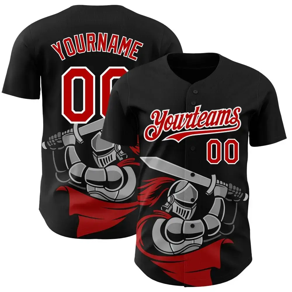 Custom Black Red-White 3D Pattern Design Knight Hero Art Authentic Baseball Jersey Image
