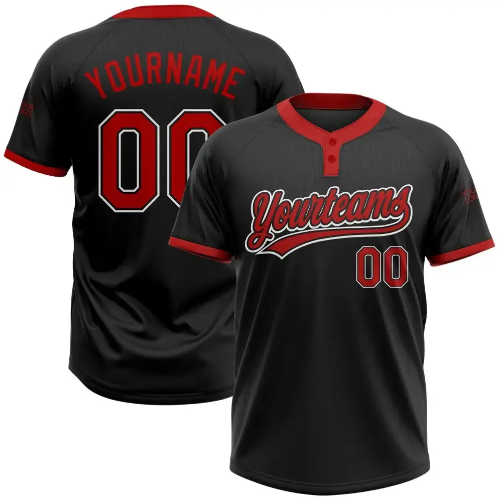 Custom Black Red-White Two-Button Unisex Softball Jersey Image
