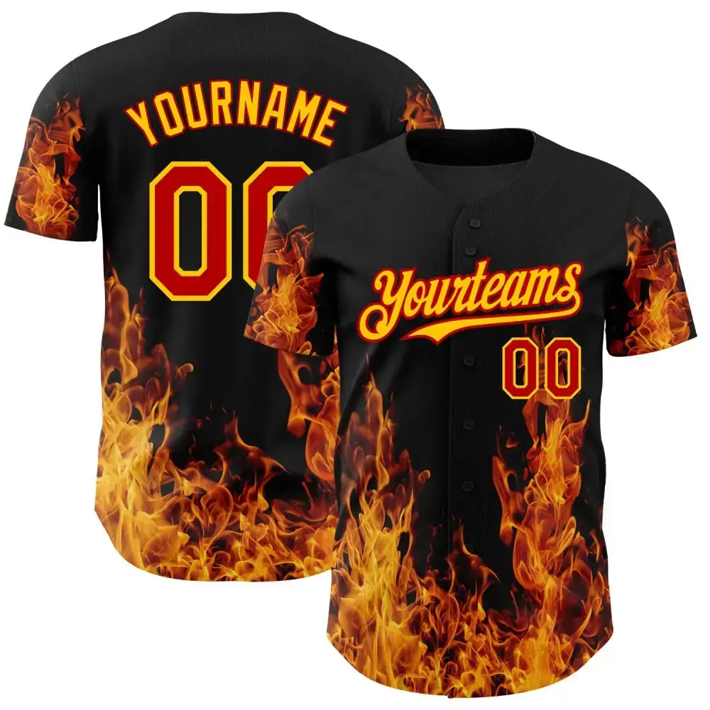Custom Black Red-Yellow 3D Pattern Design Flame Authentic Baseball Jersey Image