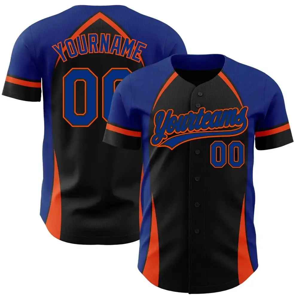 Custom Black Royal-Orange 3D Pattern Design Curve Solid Authentic Baseball Jersey Image