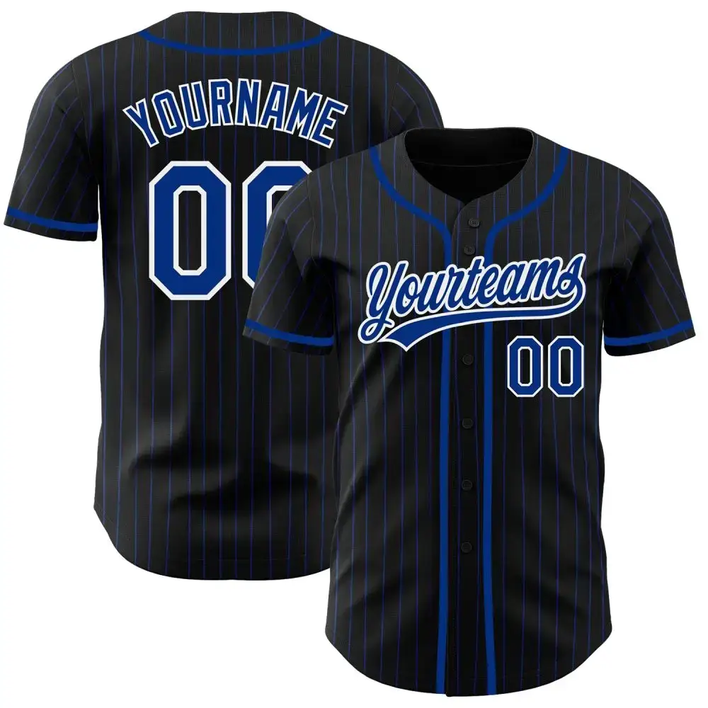 Custom Black Royal Pinstripe Royal-White Authentic Baseball Jersey Image