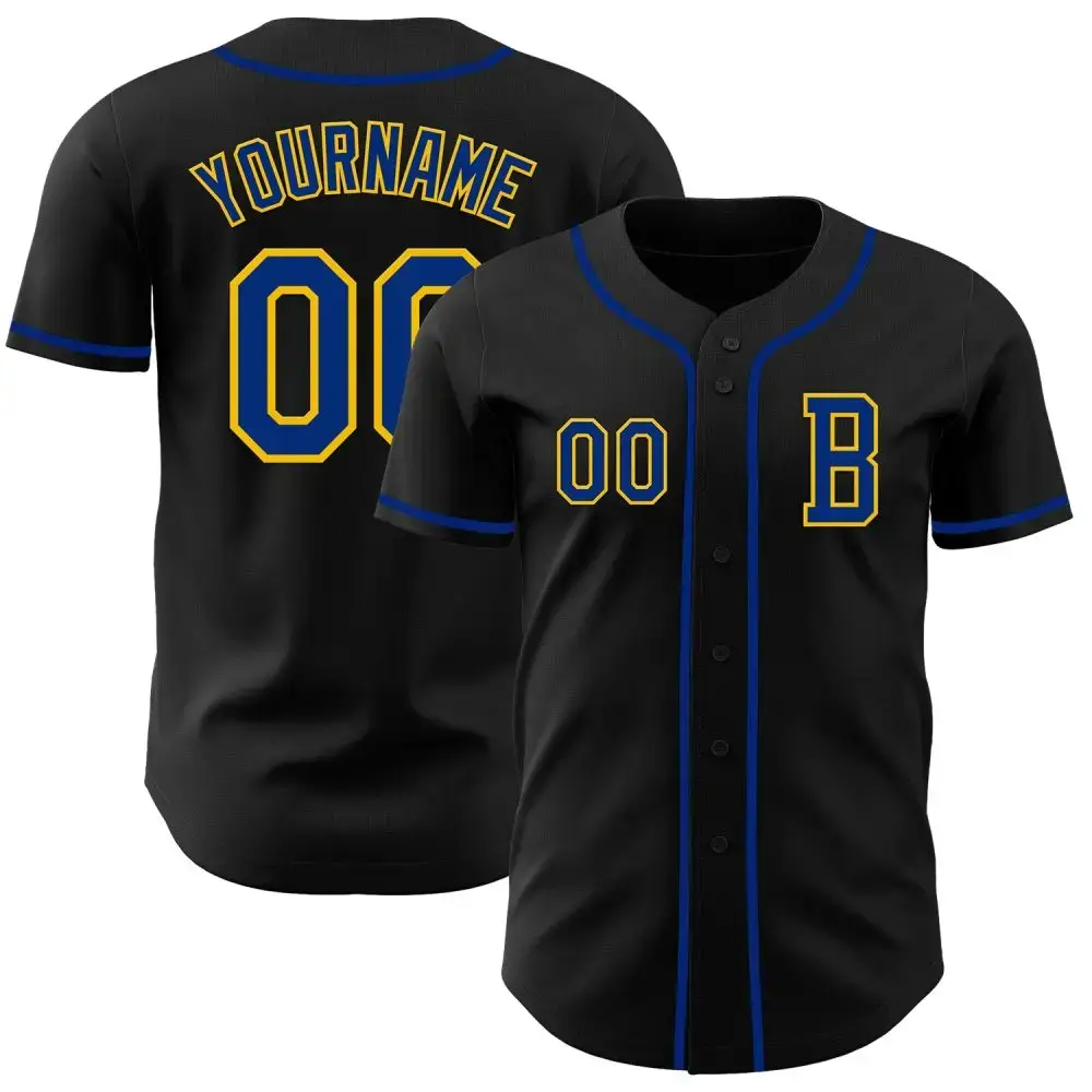 Custom Black Royal-Yellow Authentic Baseball Jersey Image