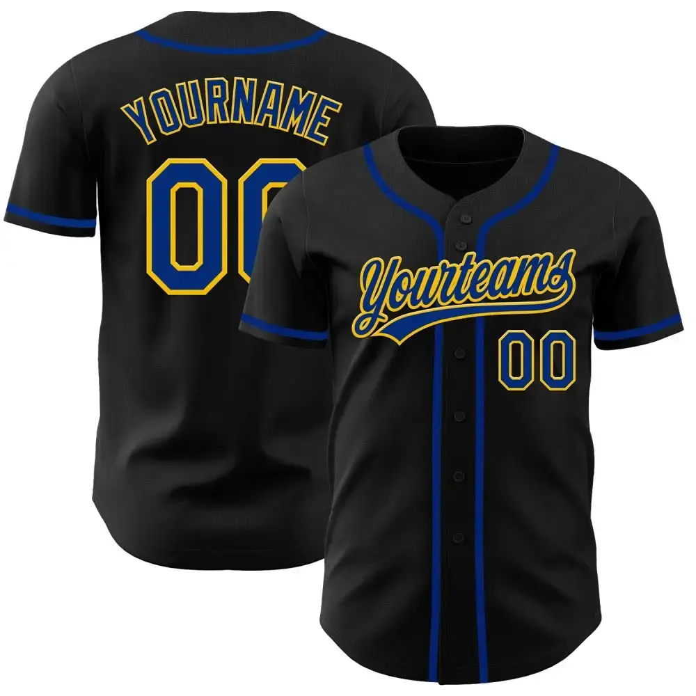 Custom Black Royal-Yellow Authentic Baseball Jersey Image