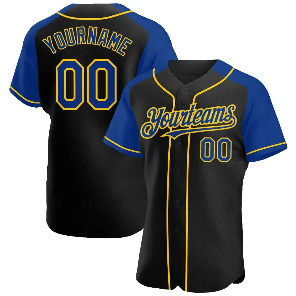 Custom Black Royal-Yellow Authentic Raglan Sleeves Baseball Jersey Image