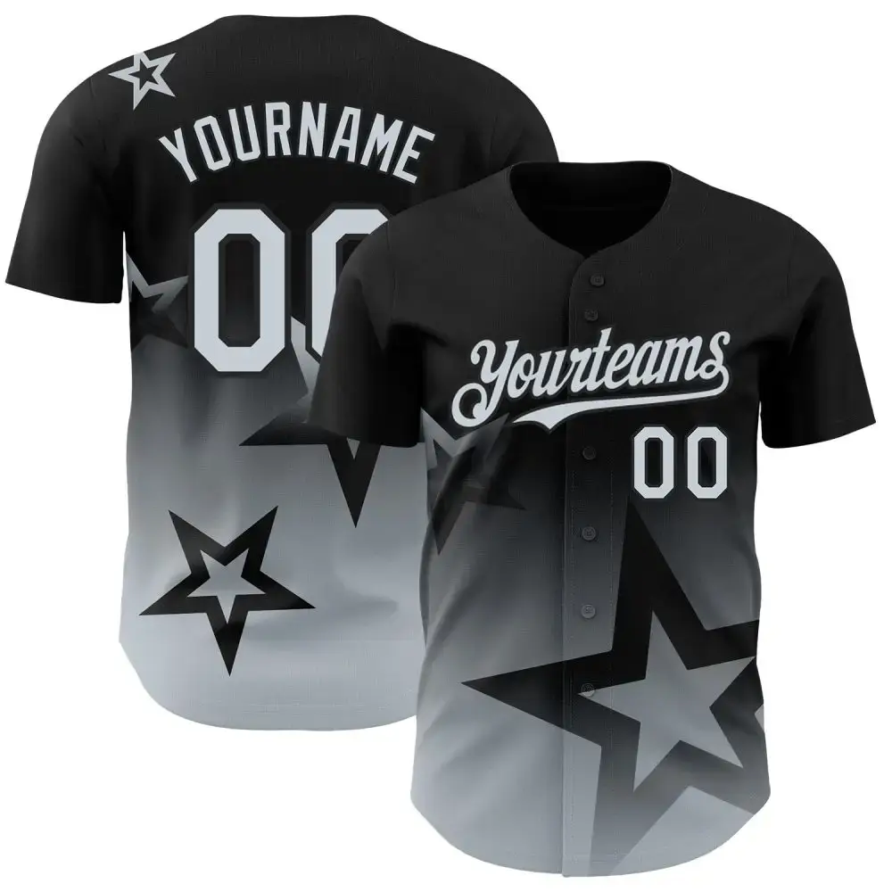 Custom Black Silver 3D Pattern Design Gradient Style Twinkle Star Authentic Baseball Jersey Image