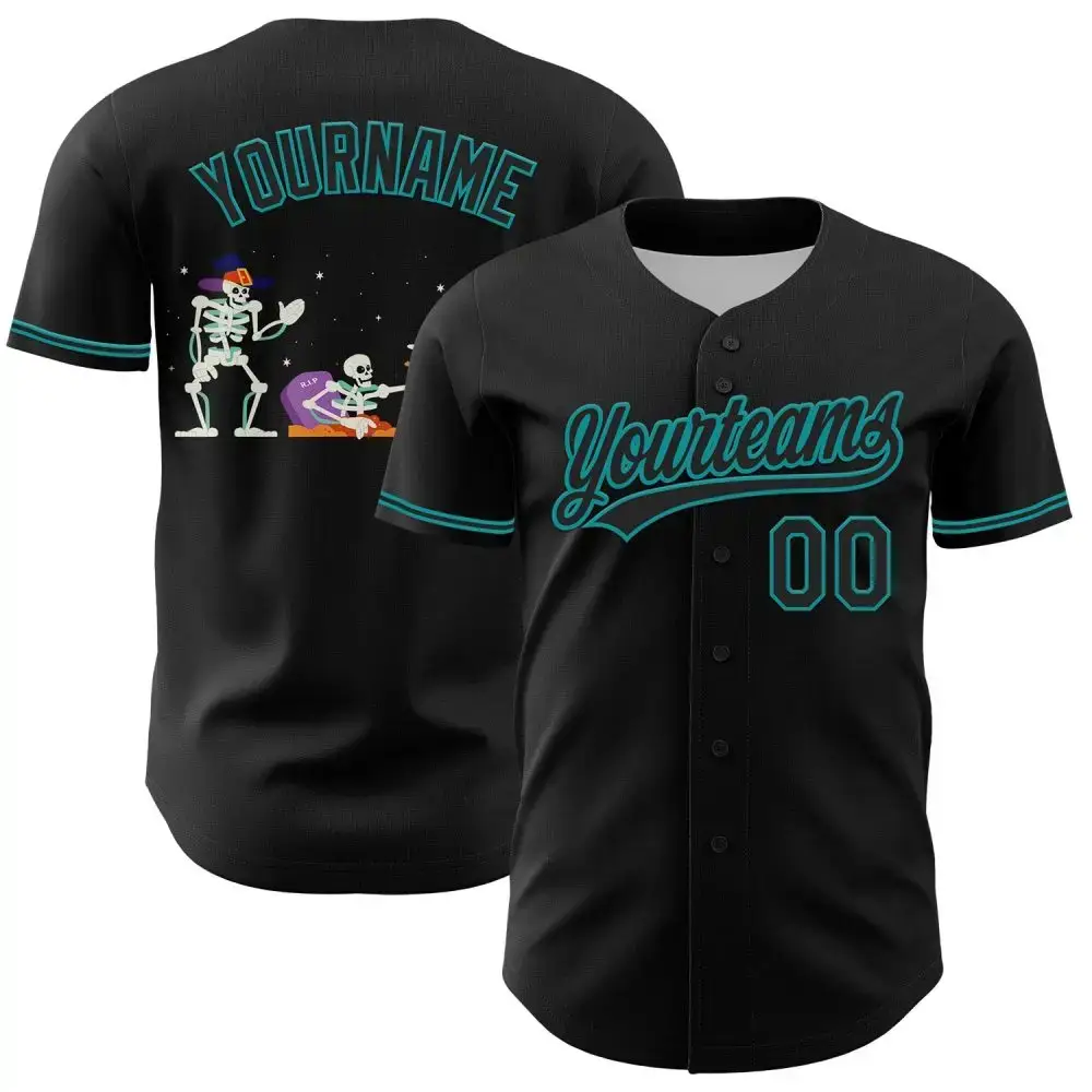Custom Black Teal 3D Halloween Authentic Baseball Jersey Image