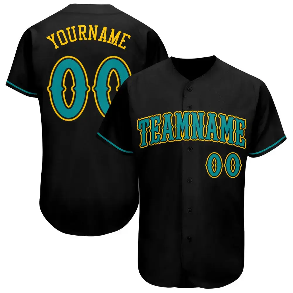 Custom Black Teal-Gold Authentic Baseball Jersey Image