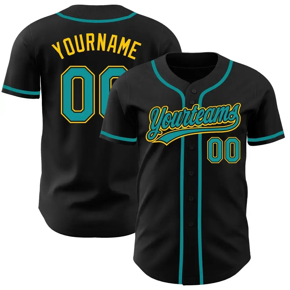 Custom Black Teal-Gold Authentic Baseball Jersey Image