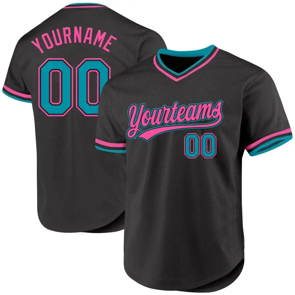Custom Black Teal-Pink Authentic Throwback Baseball Jersey Image