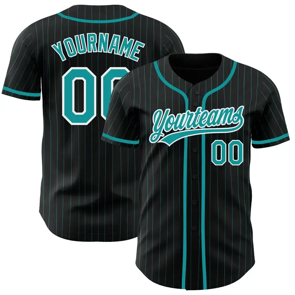 Custom Black Teal Pinstripe Teal-White Authentic Baseball Jersey Image