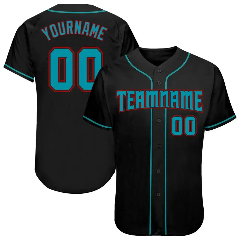 Custom Black Teal-Red Authentic Baseball Jersey Image