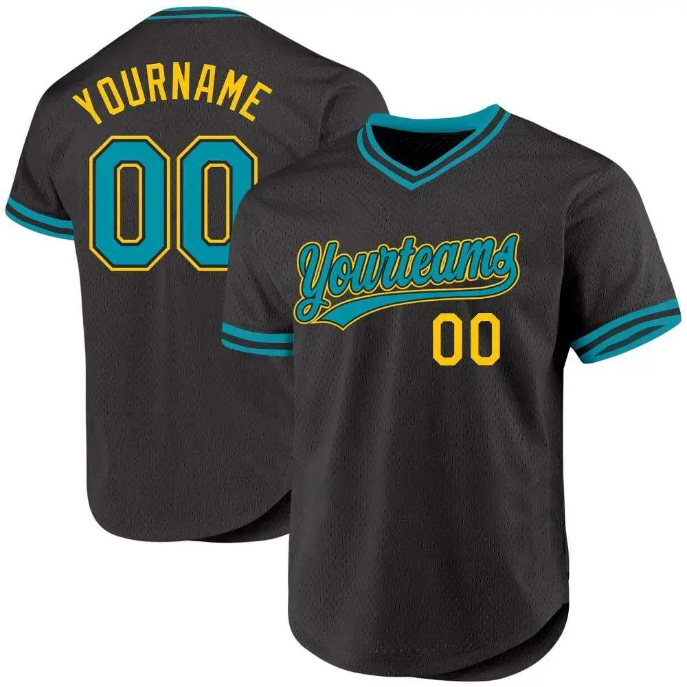 Custom Black Teal-Yellow Authentic Throwback Baseball Jersey Image