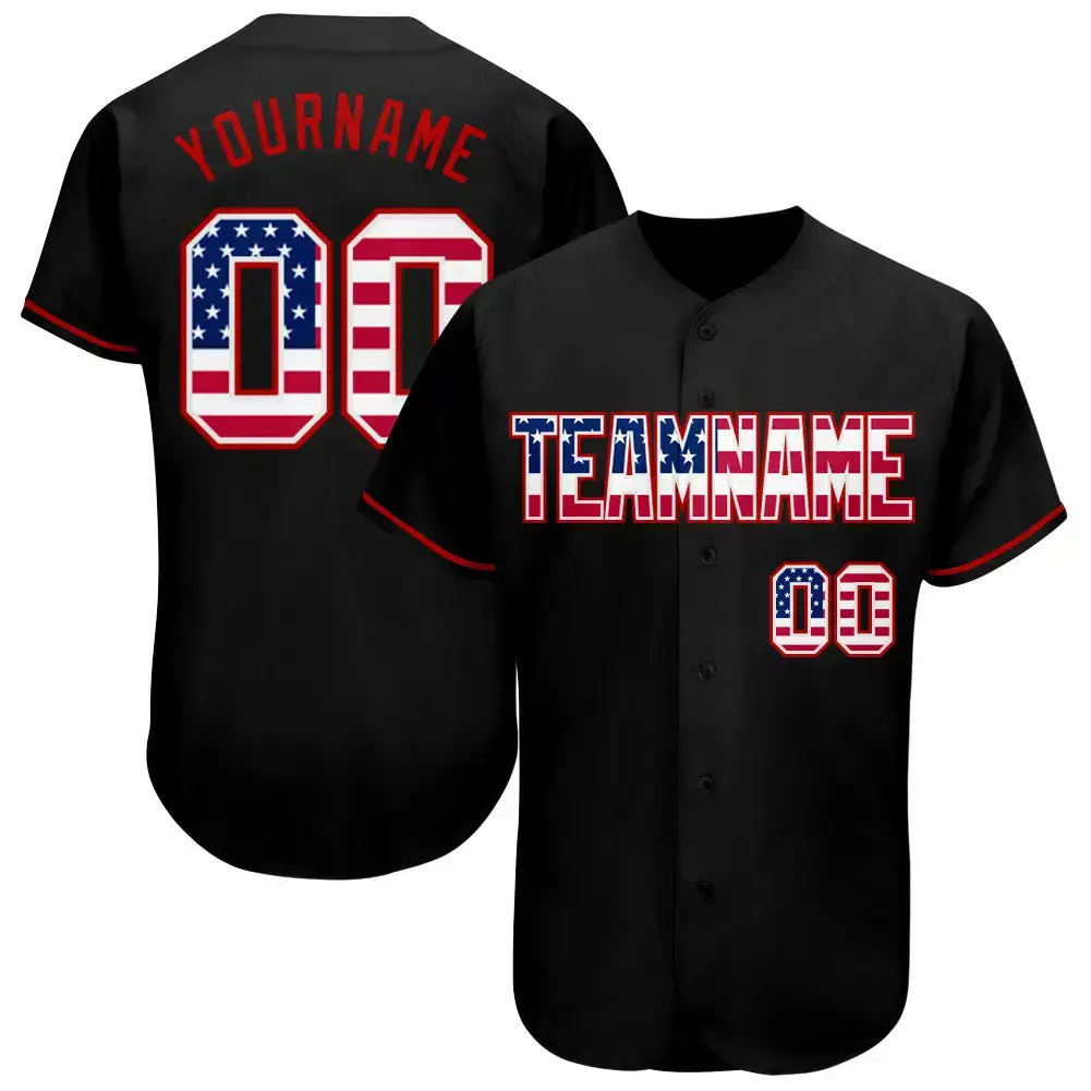 Custom Black Usa Flag-Red Authentic Baseball Jersey Image