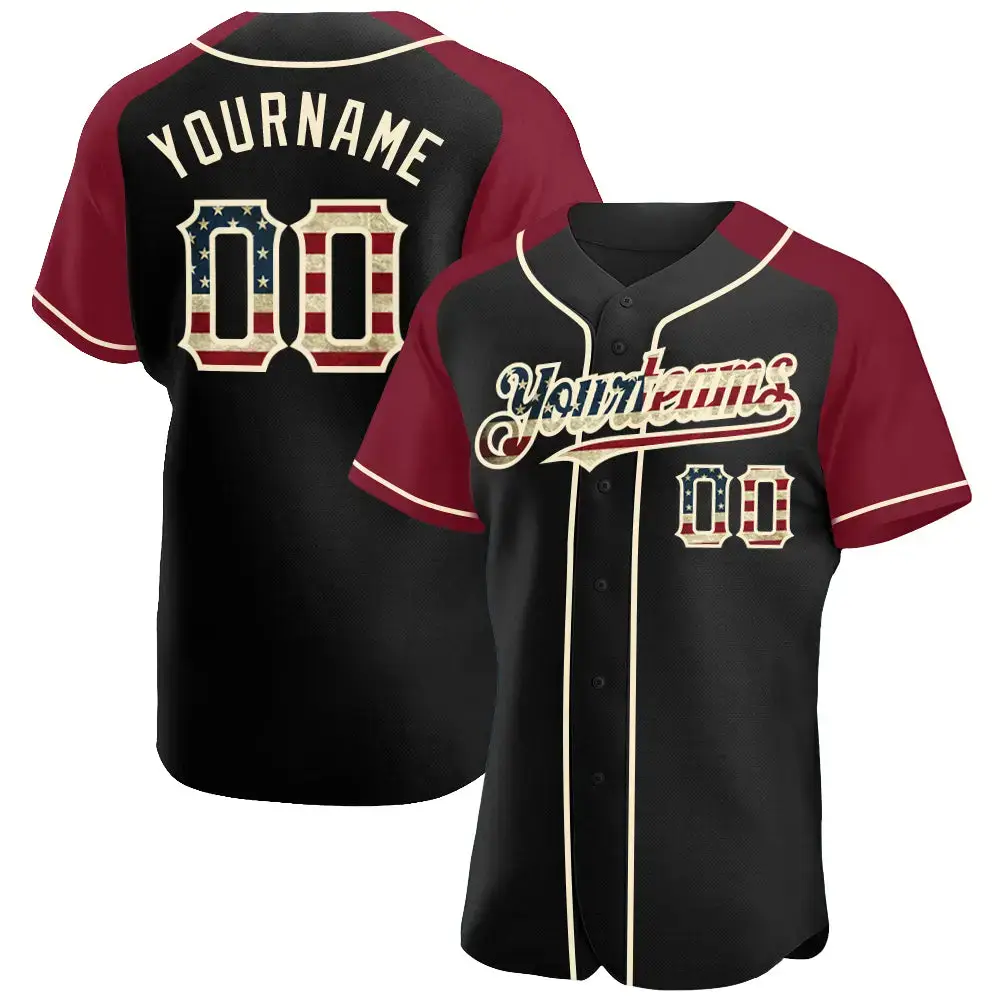 Custom Black Vintage Usa Flag Crimson-Cream Authentic Raglan Sleeves Baseball Jersey Image