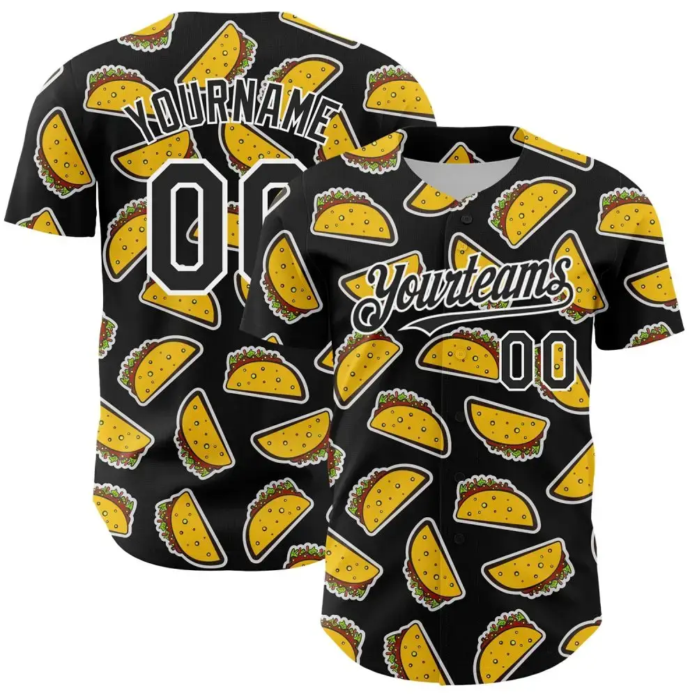 Custom Black White 3D Mexican Festival Taco Cinco De Mayo Authentic Baseball Jersey Image