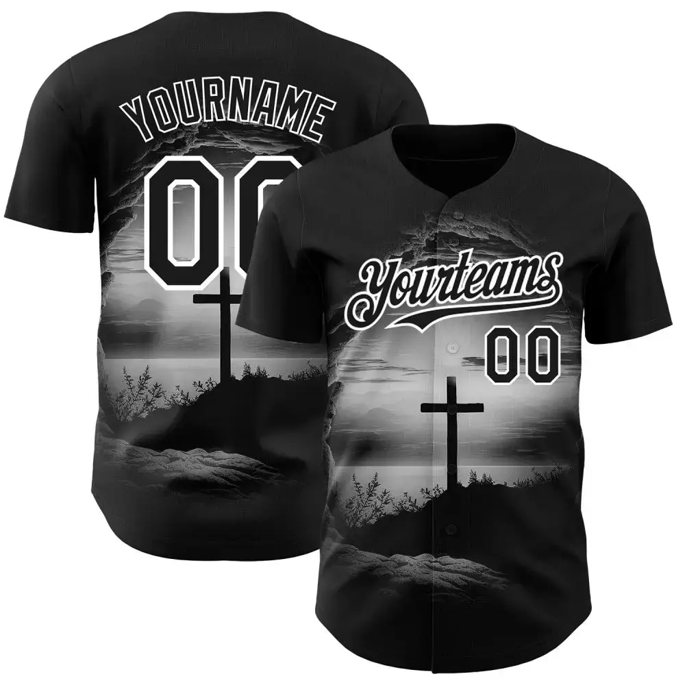 Custom Black White 3D Pattern Design Religion Cross Jesus Christ Ash Wednesday Authentic Baseball Jersey Image