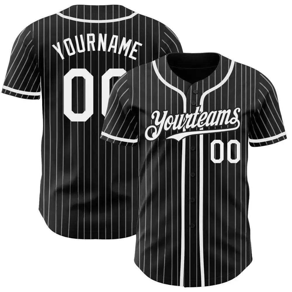 Custom Black White Pinstripe Authentic Baseball Jersey Image