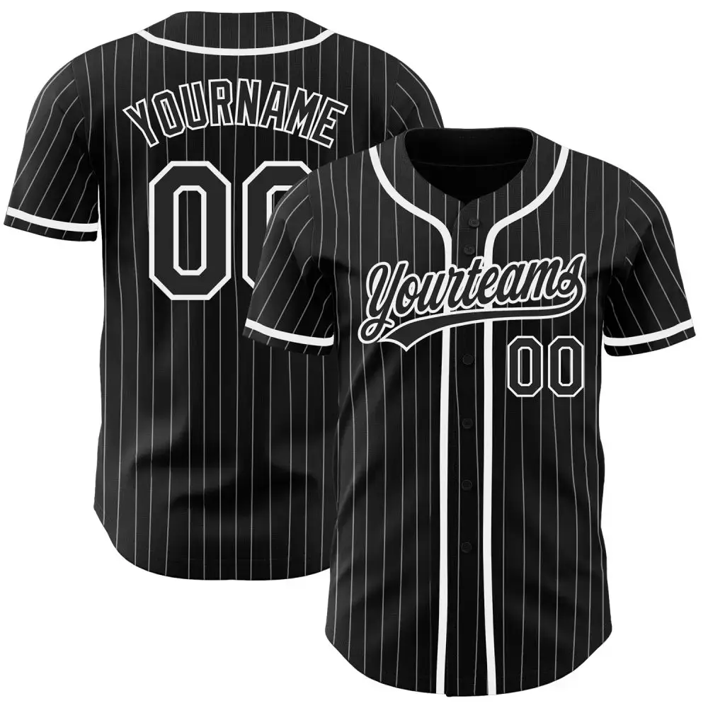 Custom Black White Pinstripe Black Authentic Baseball Jersey Image