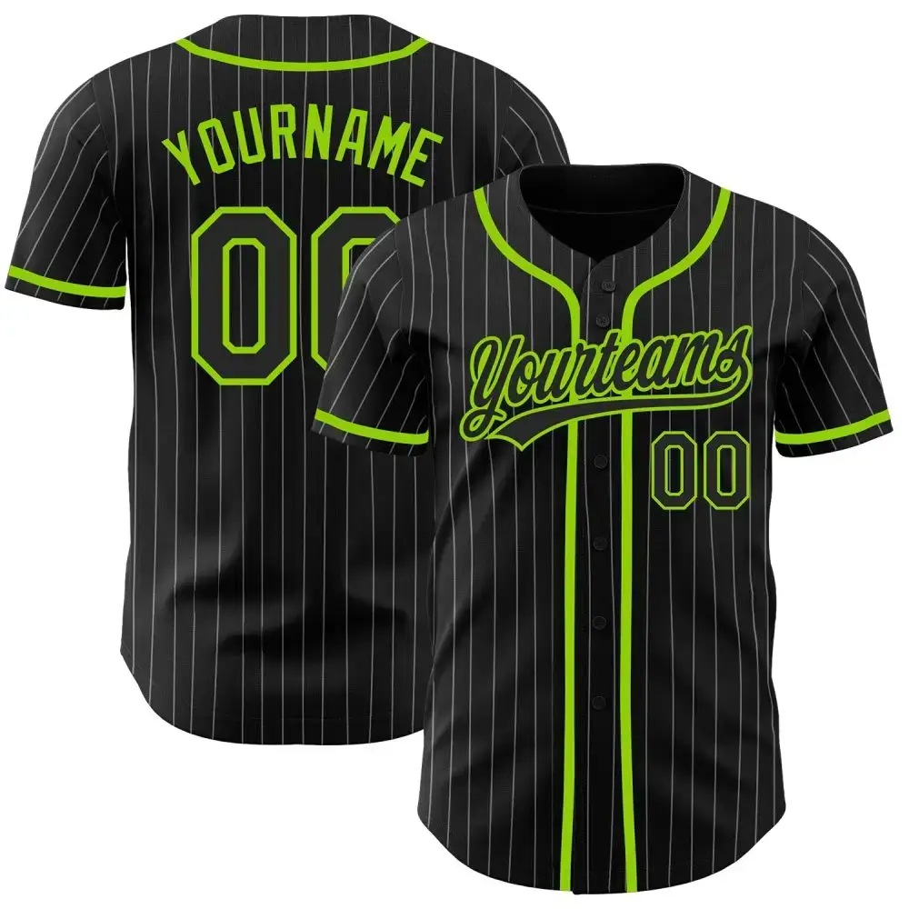 Custom Black White Pinstripe Black-Neon Green Authentic Baseball Jersey Image