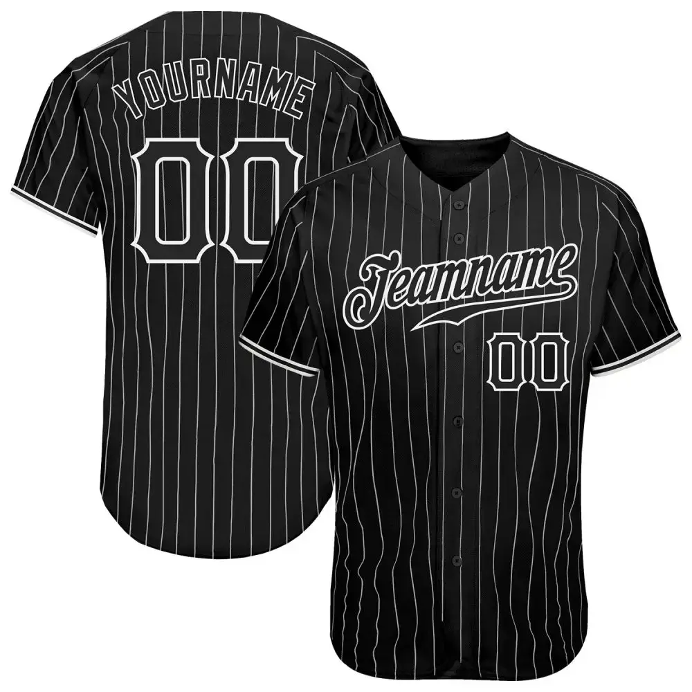 Custom Black White Pinstripe Black-White Authentic Baseball Jersey Image