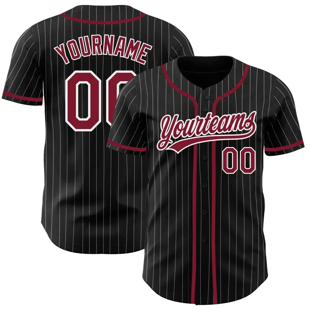 Custom Black White Pinstripe Crimson Authentic Baseball Jersey Image