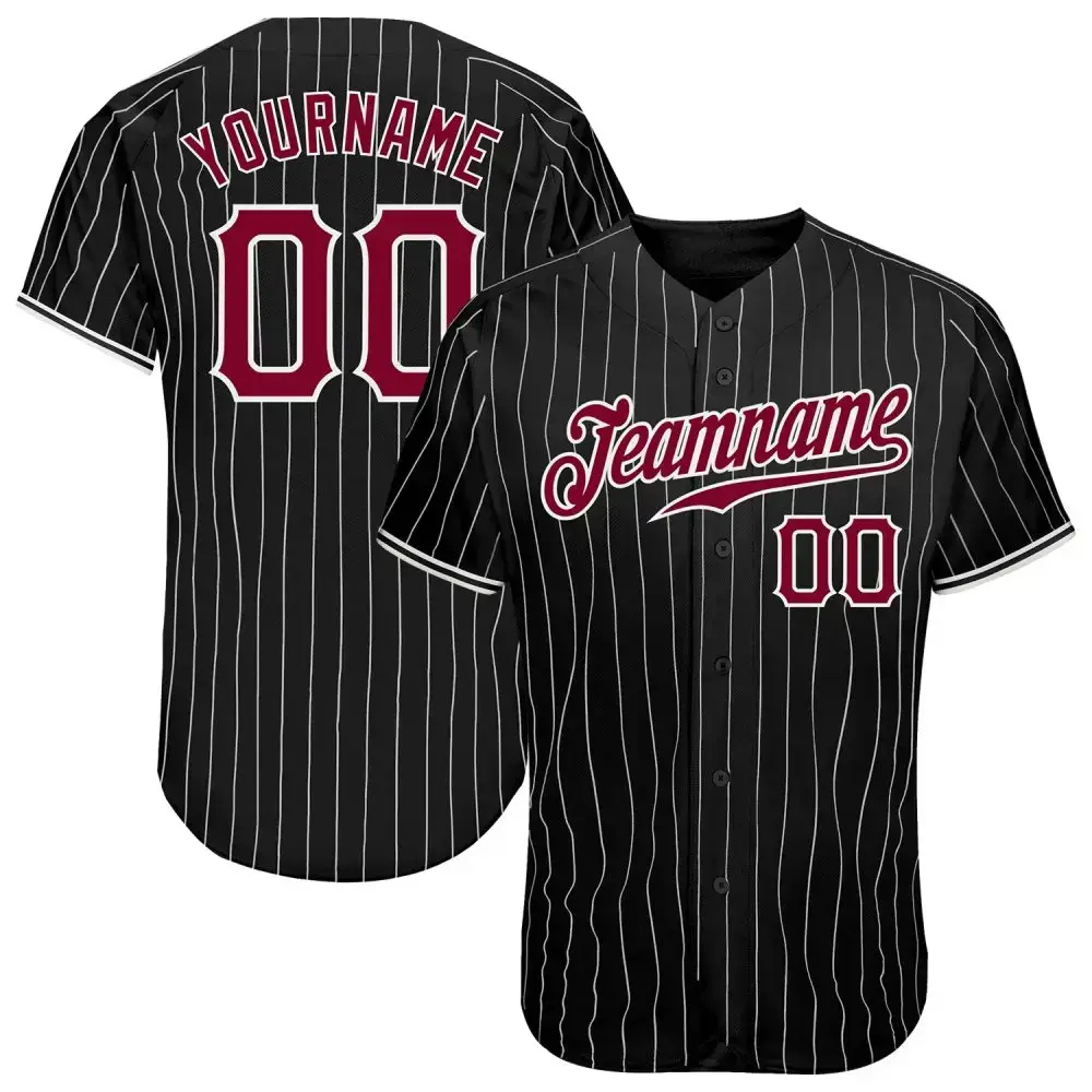 Custom Black White Pinstripe Maroon-White Authentic Baseball Jersey Image