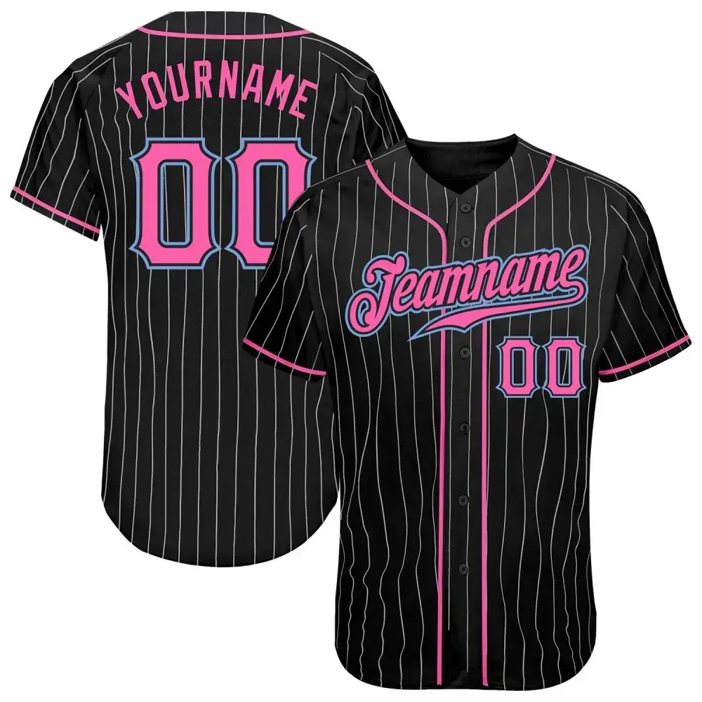 Custom Black White Pinstripe Pink-Light Blue Authentic Baseball Jersey Image
