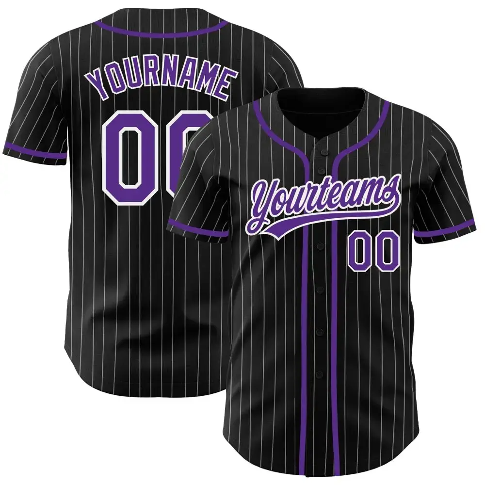 Custom Black White Pinstripe Purple Authentic Baseball Jersey Image
