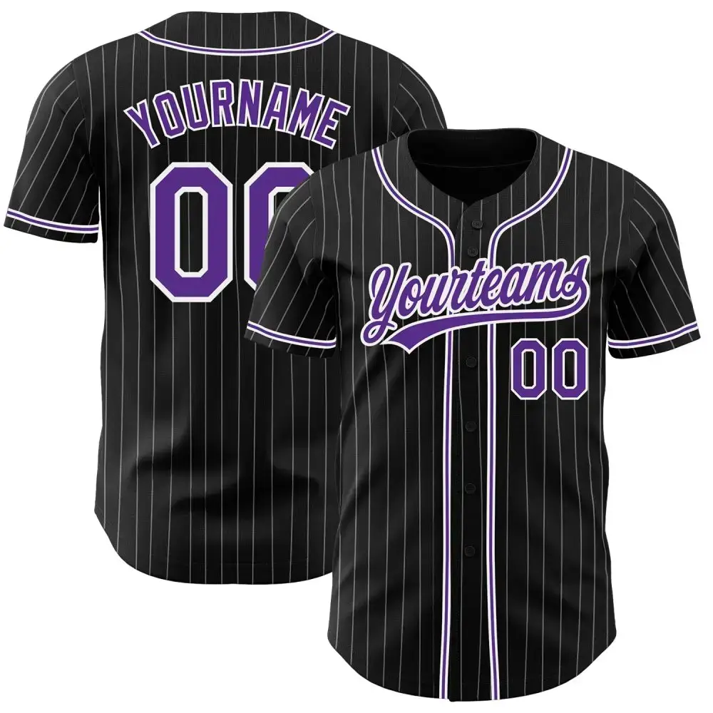 Custom Black White Pinstripe Purple Authentic Baseball Jersey Image