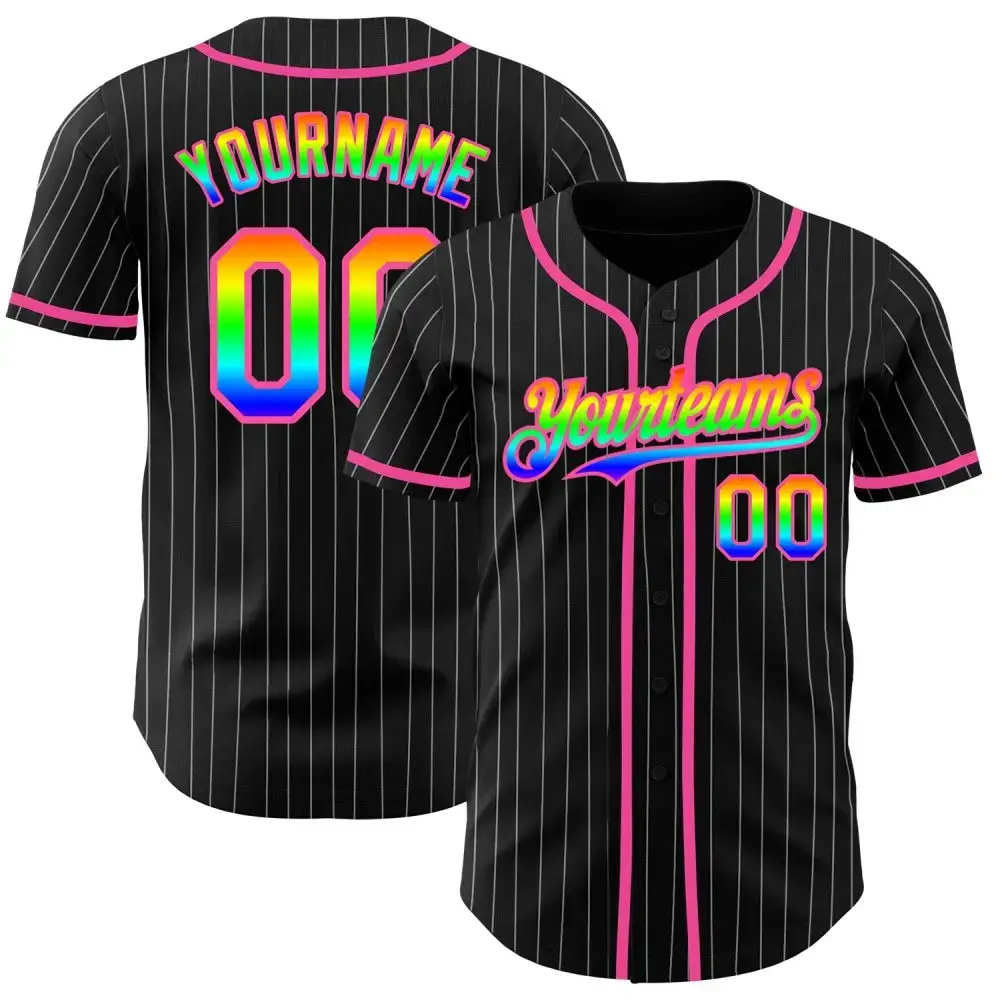 Custom Black White Pinstripe Rainbow-Pink 3D Authentic Baseball Jersey Image