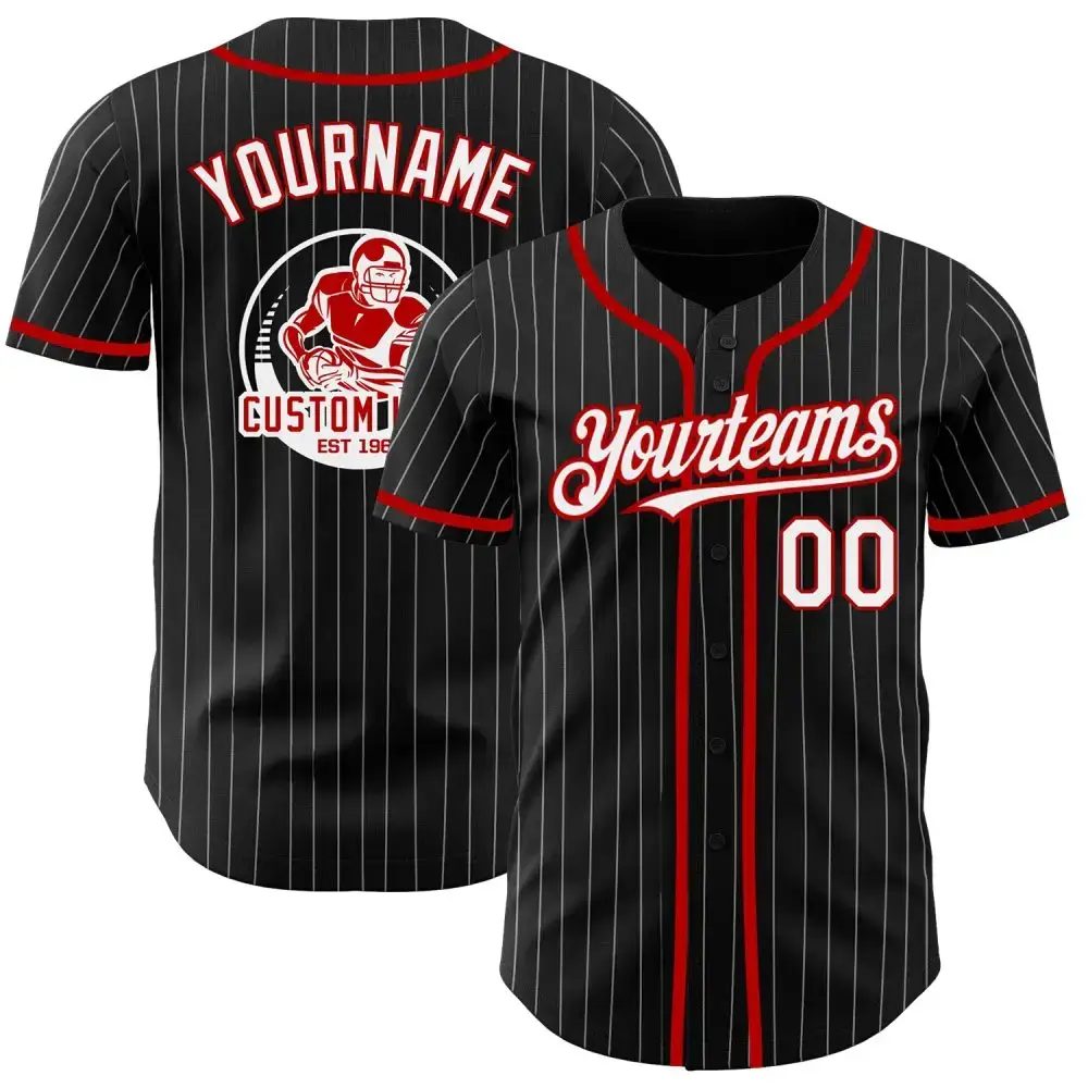 Custom Black White Pinstripe Red Authentic Baseball Jersey Image