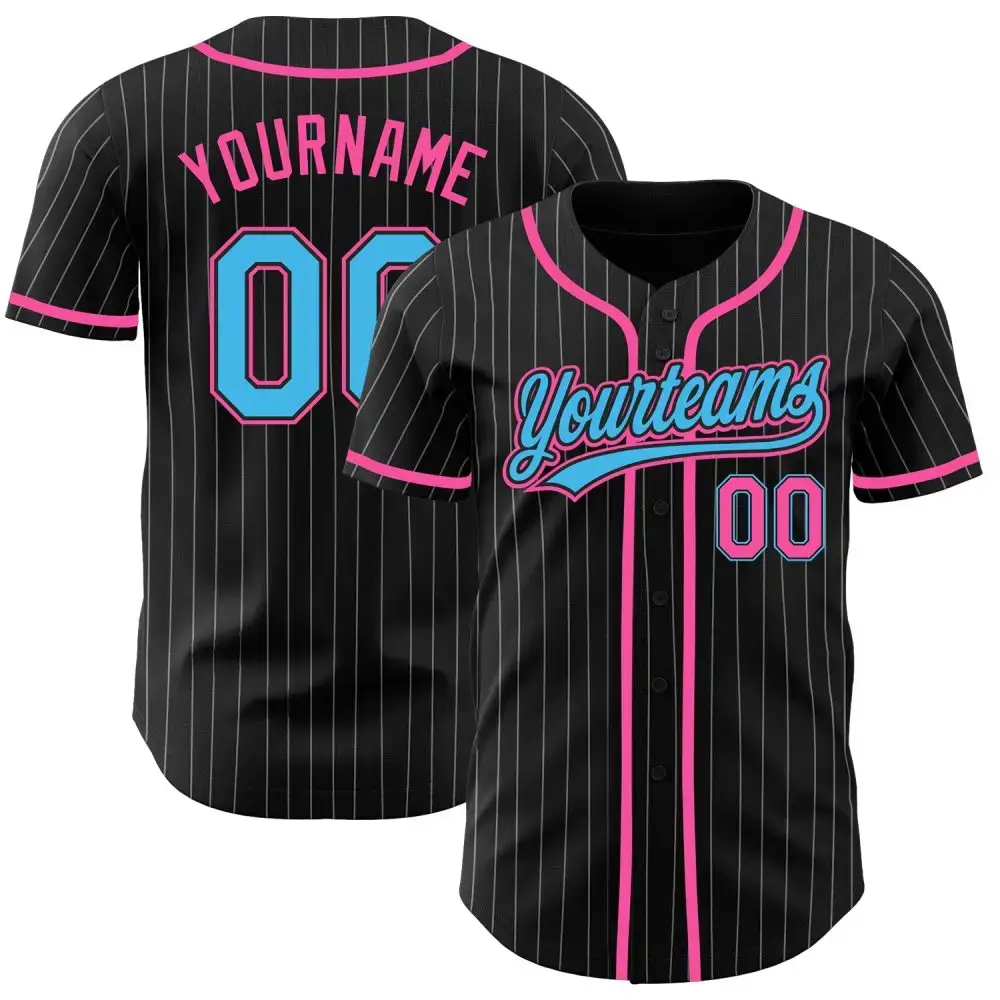Custom Black White Pinstripe Sky Blue-Pink Authentic Baseball Jersey Image