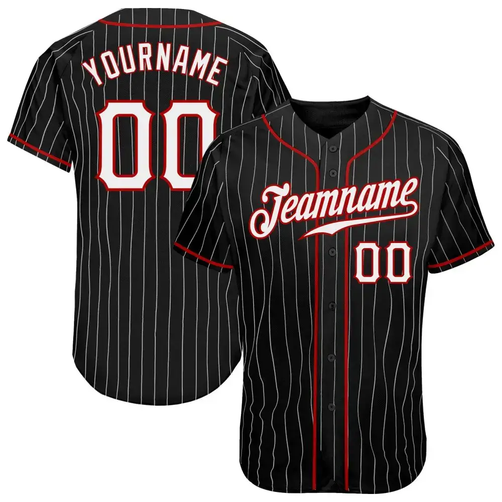 Custom Black White Pinstripe White-Red Authentic Baseball Jersey Image
