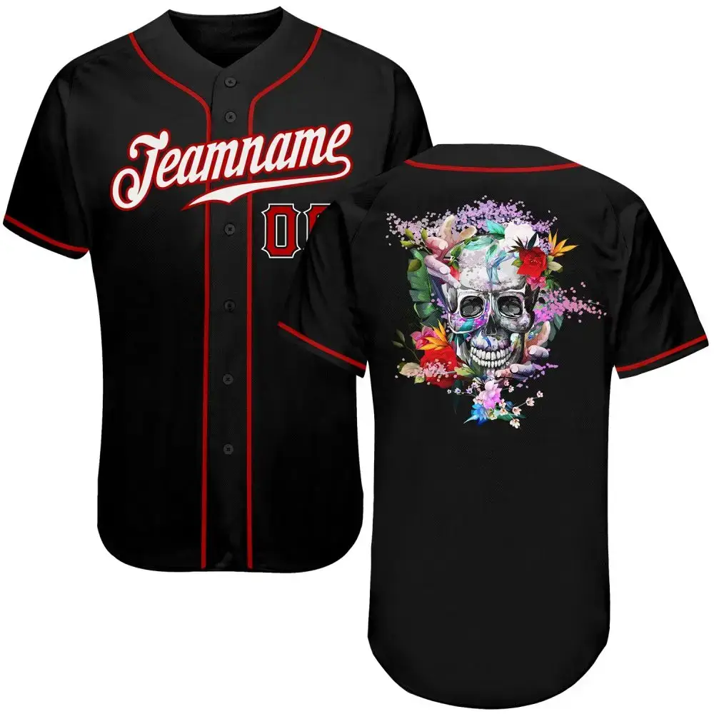 Custom Black White-Red Authentic Skull Fashion Baseball Jersey Image