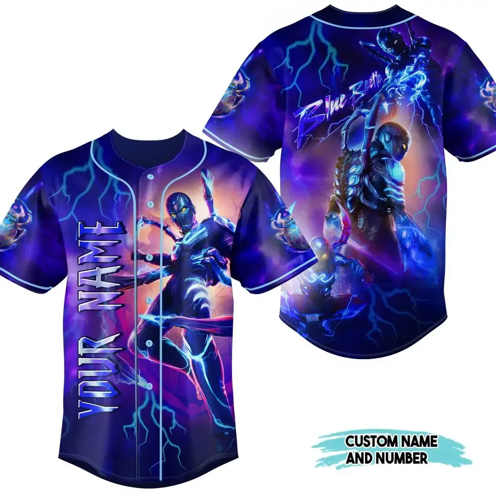 Custom Blue Beetle Baseball Jersey - Personalized Name & Number - Vibrant Hero Design Image