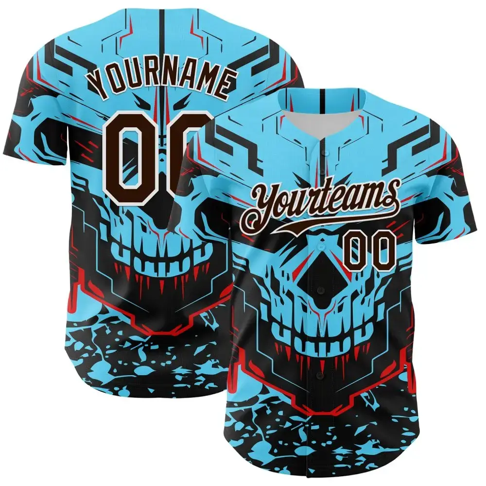 Custom Blue Brown-White 3D Pattern Design Burner Costumes Cyber Skull Authentic Baseball Jersey Image